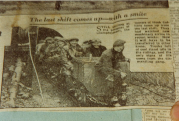 Enlargement of a photograph of information from a newspaper relating to Hook Colliery closure